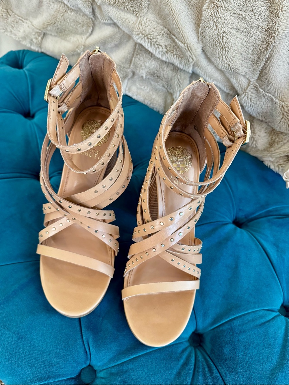 Vince Camuto Nude Tan Studded Strappy Heeled Sandals